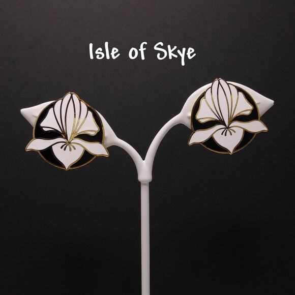 Vintage Isle of Skye Cloisonné Enamel Earrings, Black & White Lily, Gold Plated - Picture 1 of 10